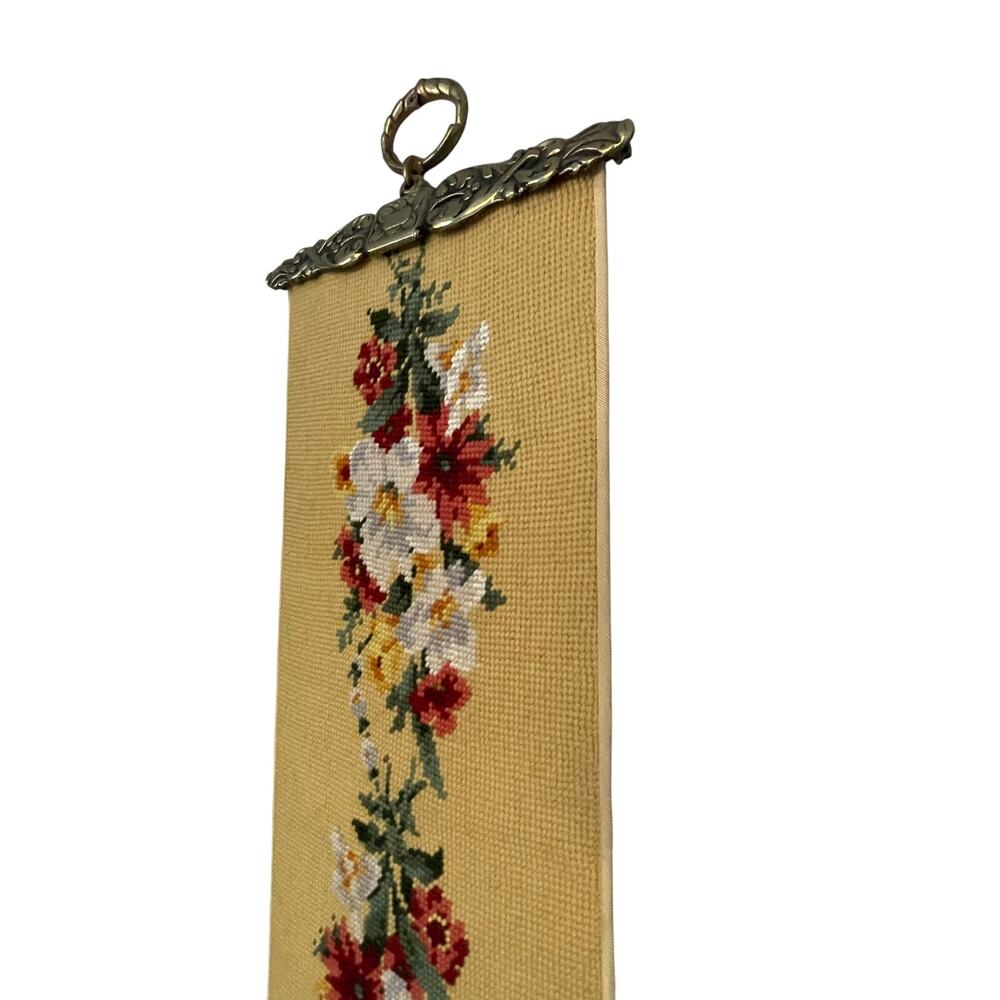 Vintage Bell Pull Brass Hardware Needlepoint Floral Yellow
